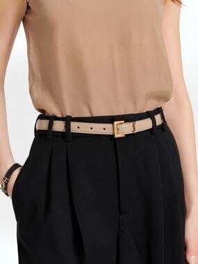 Saint Laurent Cassandre Logo Belt Square Buckle Leather Beige Size 90/36